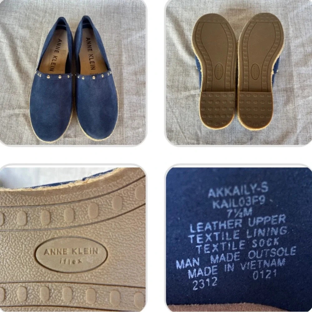 Anne Klein Espadrille Flats Navy Blue Suede Studded 7.5M Kaily iflex Slip On